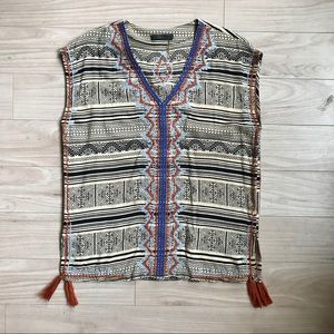 THML Geo Print Top w Crochet and Tassle Accents